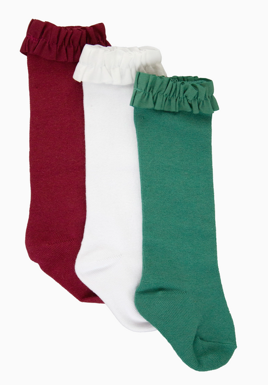 Girls 3-Pack Knee High Ruffle Sock- Green, White, Red