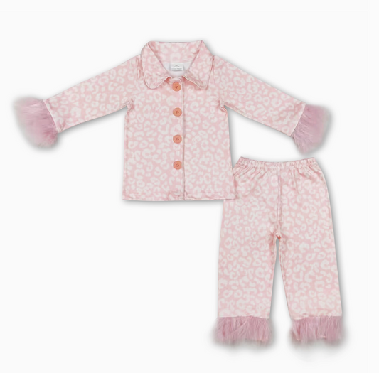 Leopard Fur Ruffle Kids Girls Button Down Pajamas