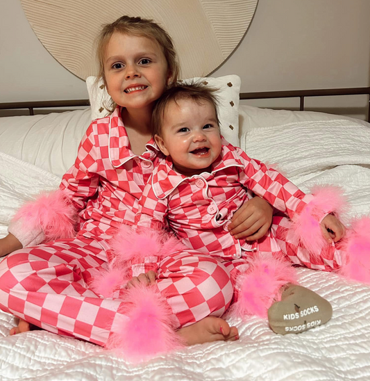 Hot Pink Plaid Fur Ruffle Kids Girls Button Down Pajamas